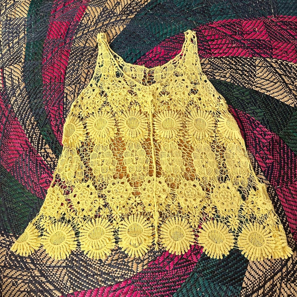 Yellow Crochet Beach Cover Up Tank Top size Medium